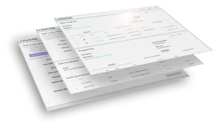 Logwise-3d-overlapping-mockup Overlapping screenshots of Logwise software showcasing automated compliance features
