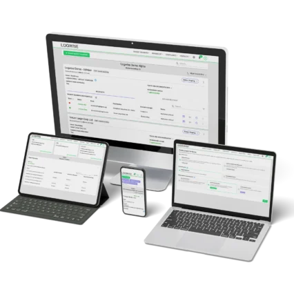 Mockup showing the software interface of Logwise on a computer, tablet, and mobile device