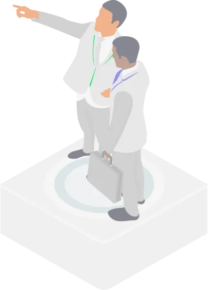 Conflict of Interest Isometric illustration of two medical professionals: one points ahead while the other holds a clipboard, conveying teamwork, guidance, and confidence.