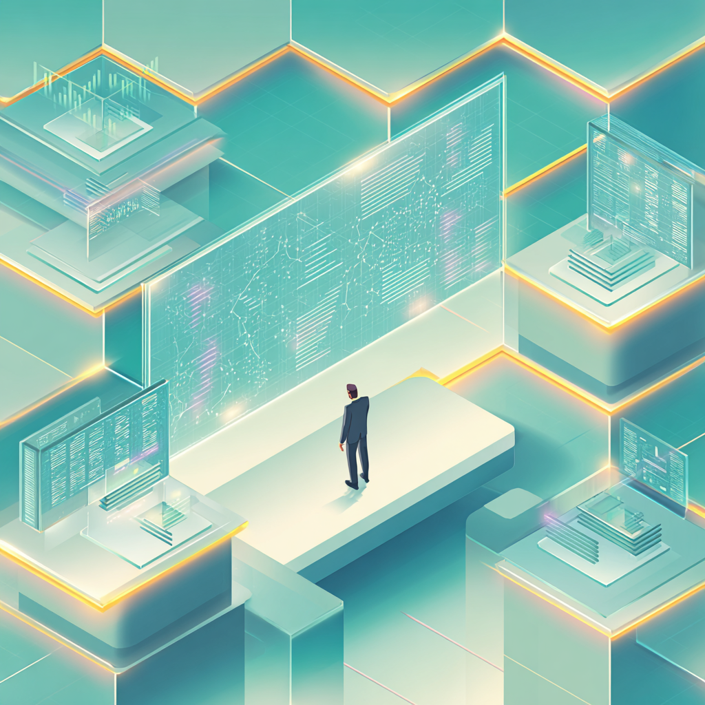 A lone person stands on a floating platform amid glowing holographic screens and data panels in a teal digital landscape, conveying a futuristic, thoughtful mood.